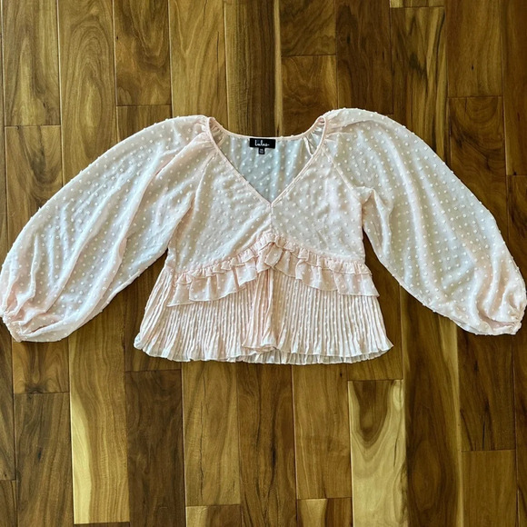 Lulu’s Thrills and Frills Blush Pink Swiss Dot Ruffled Long Sleeve Blouse XS - Picture 2 of 5